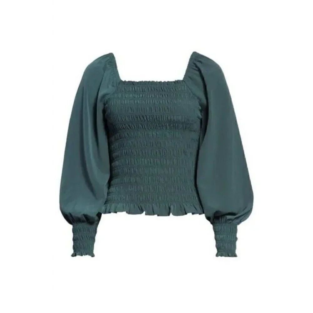 Madewell Lucie Bubble Sleeve Smocked Top in Green Women's Size S